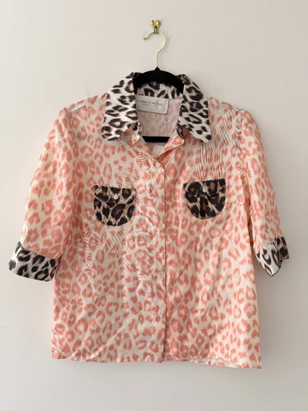 La Prestic Ouiston Silk Leopard Print Contrast Camp Shirt Blouse Cropped Pockets